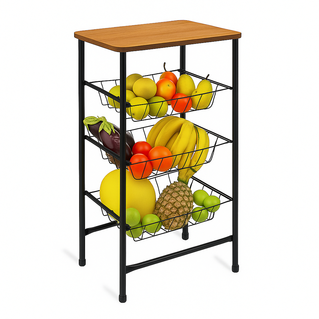 Fruteira de Chão Cozinha Tampo de Madeira Tubo A�