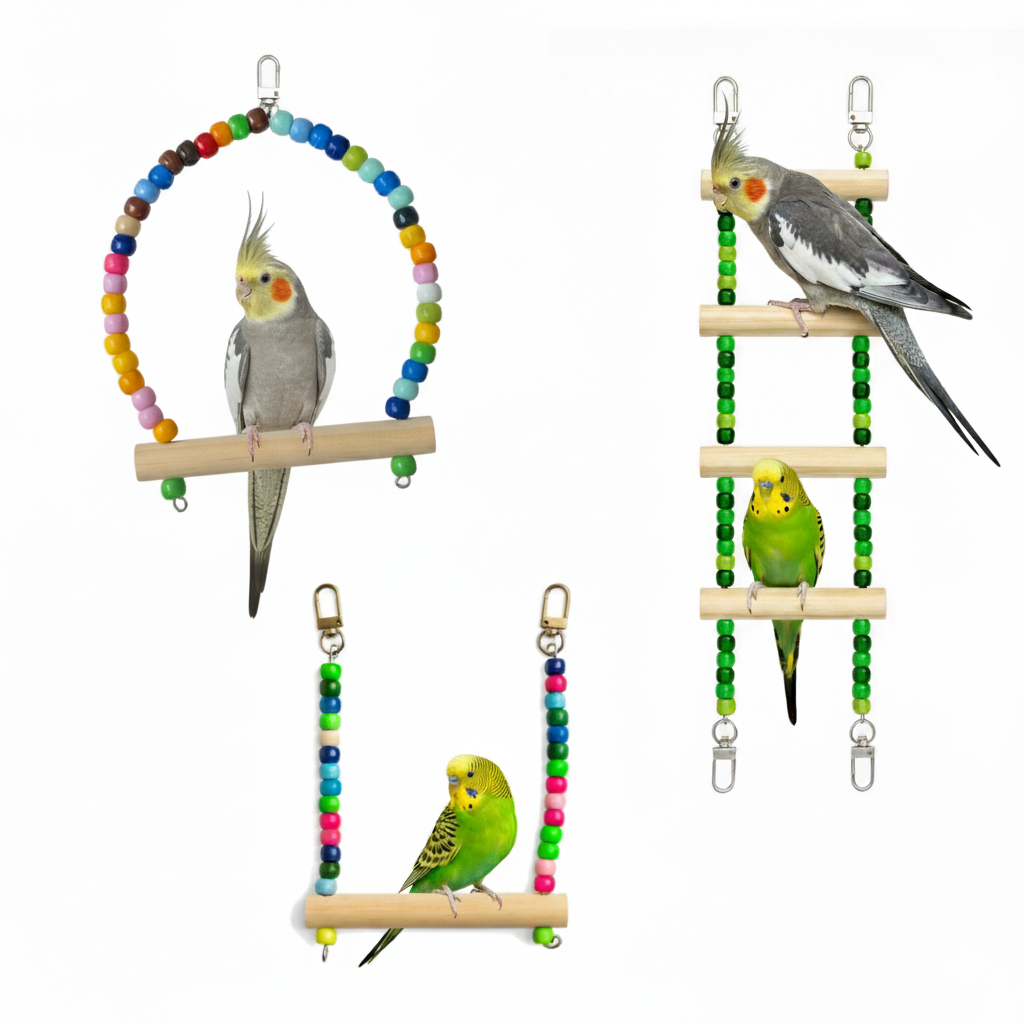 kit 3 acessórios brinquedos calopsita, agapornis,