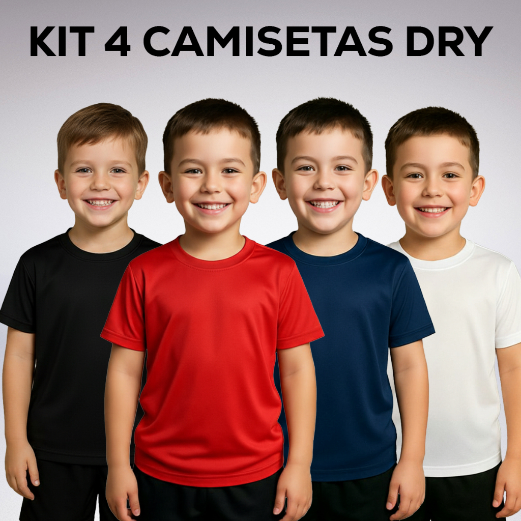 Kit com 4 Camiseta Dry Fit Infantil Lisa Básica M