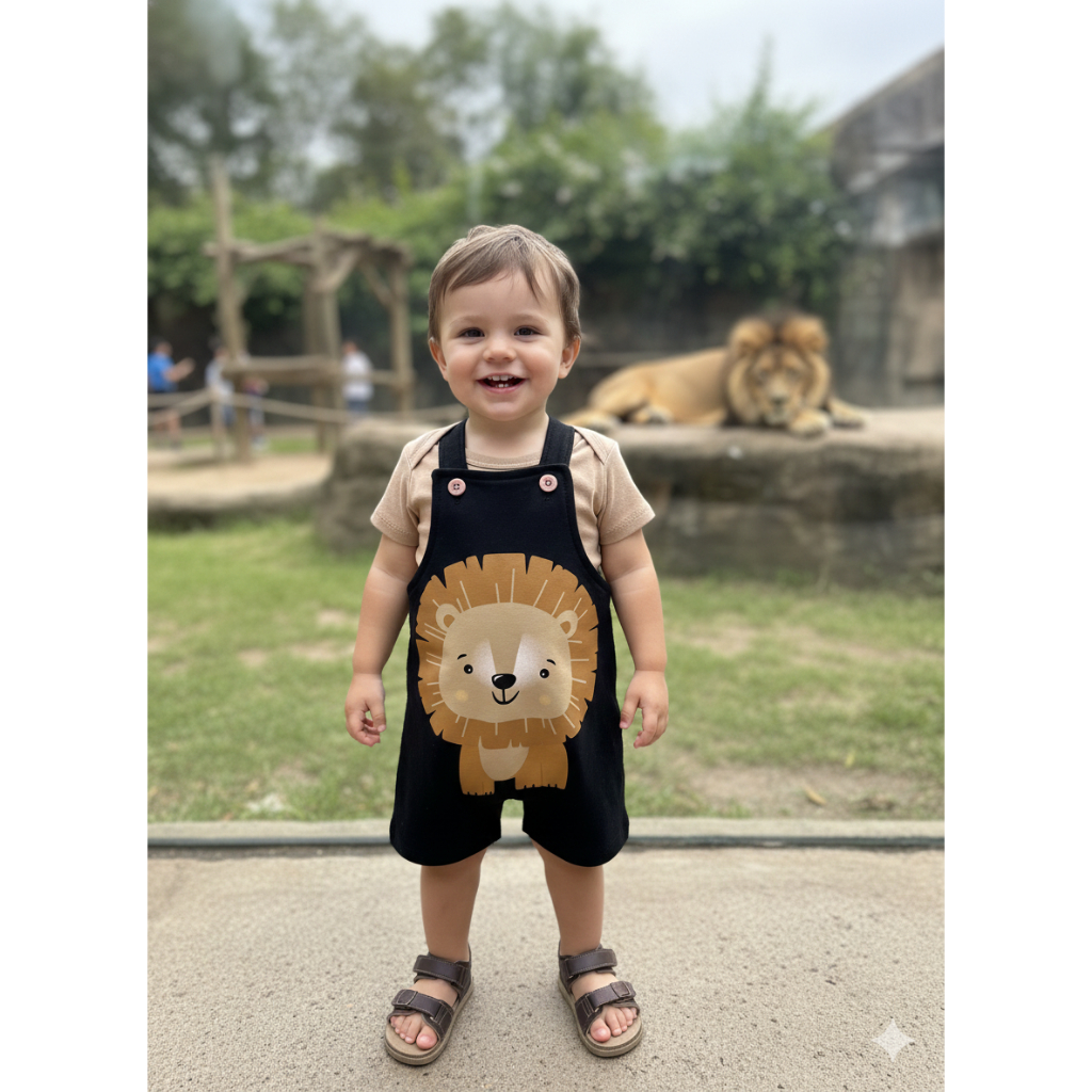 Conjunto Jardineira Bebê Menino Suedine Leãozinh