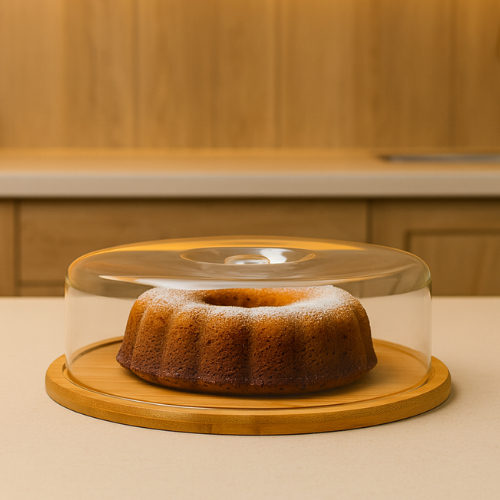 Boleira Bambu com Cúpula Acrílica Porta Bolo Tor