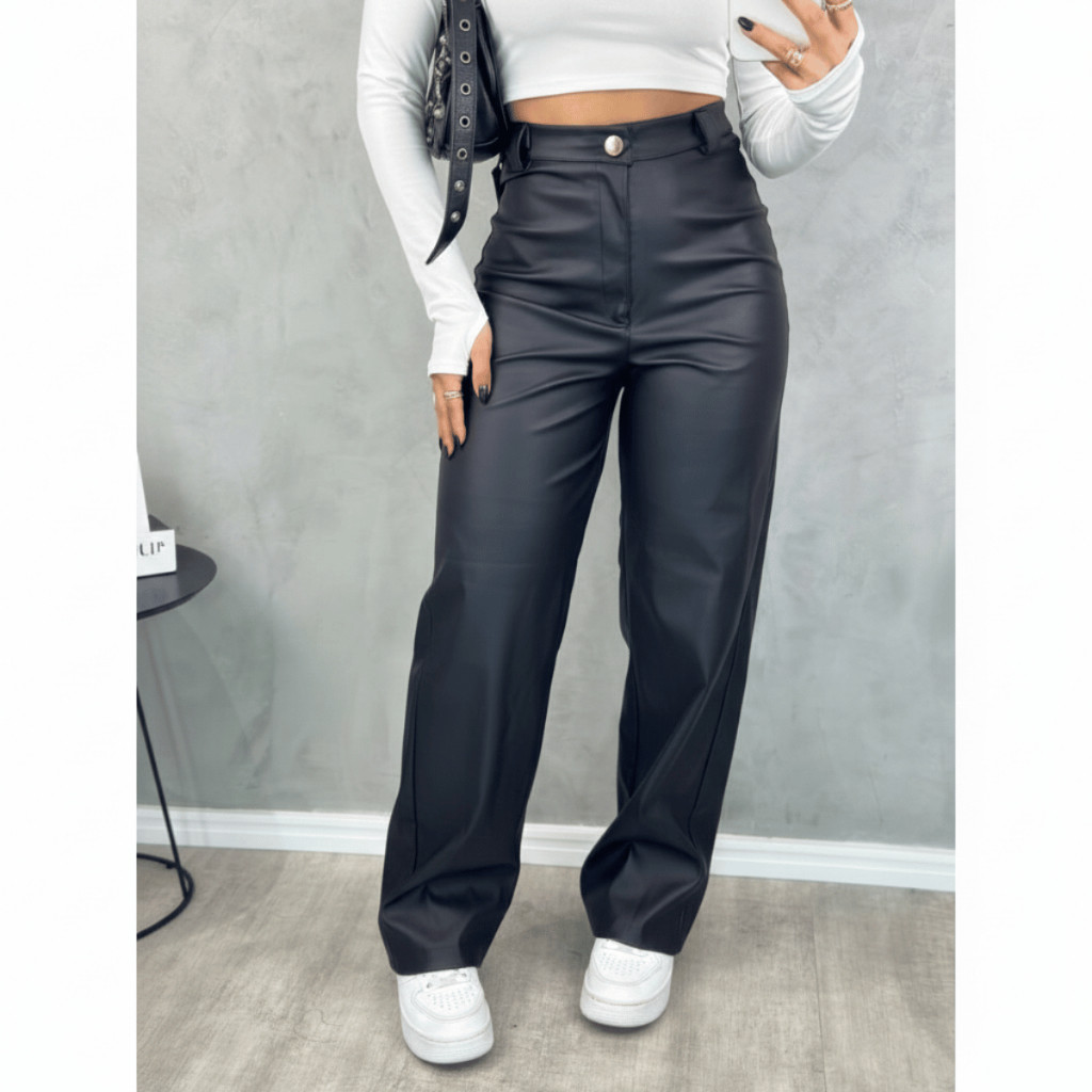 Calça Couro Fake Wide Leg Pantalona Feminina PU S