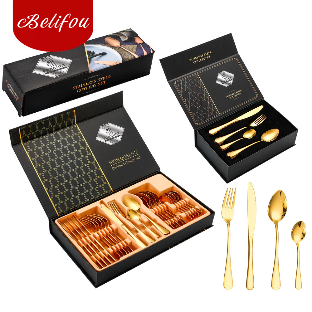 Belifou Kit 24 Conjunto De Talheres De Ouro Com Co