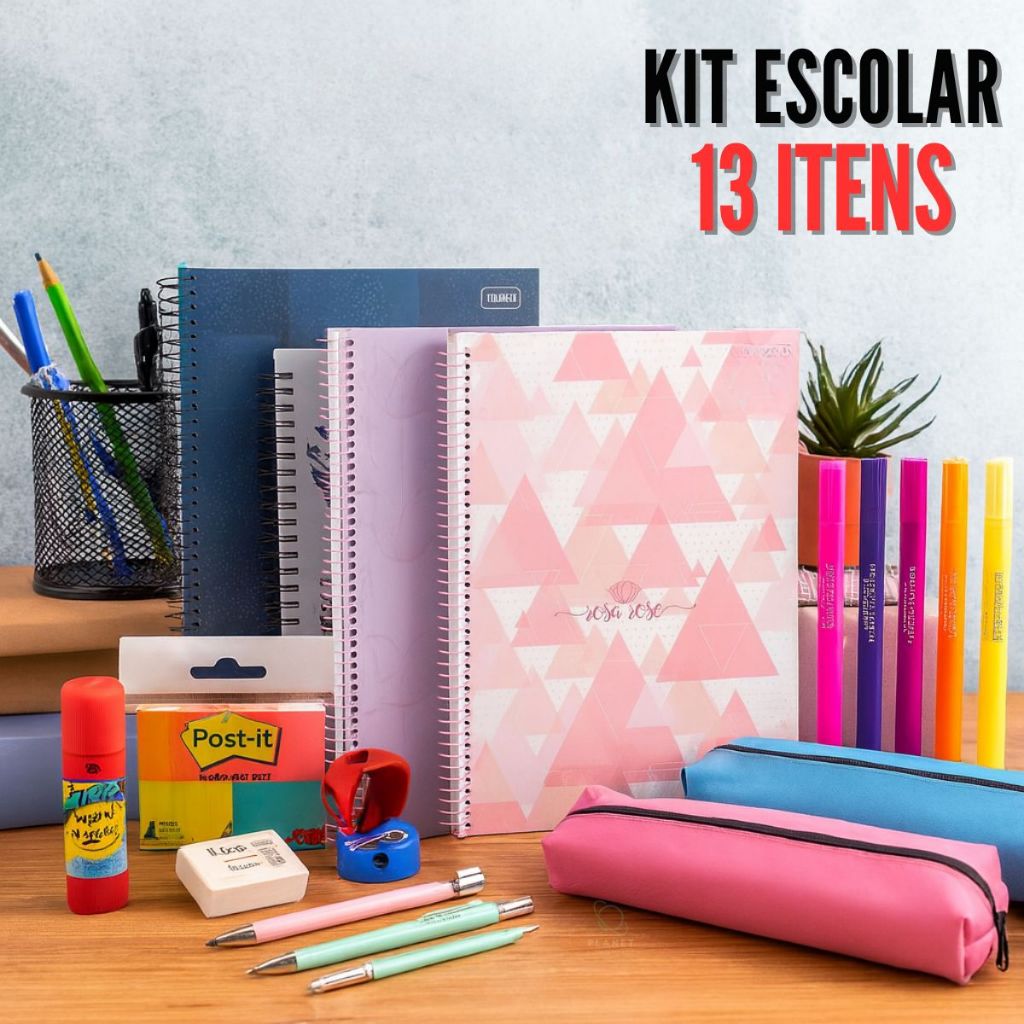 Kit Material Escolar Básico 13 Peças Caderno Uni