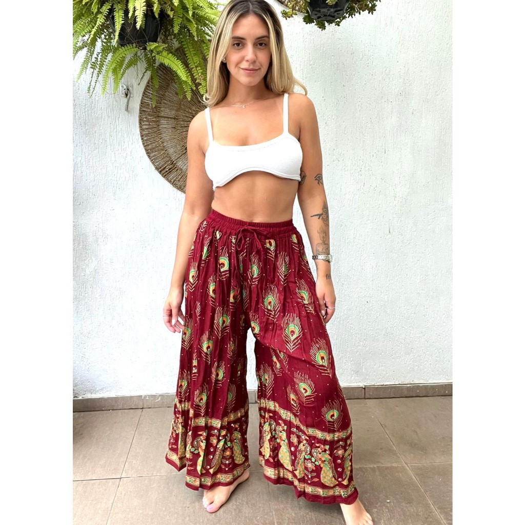 Calça Indiana Longa Pantalona Estampado Bordada L