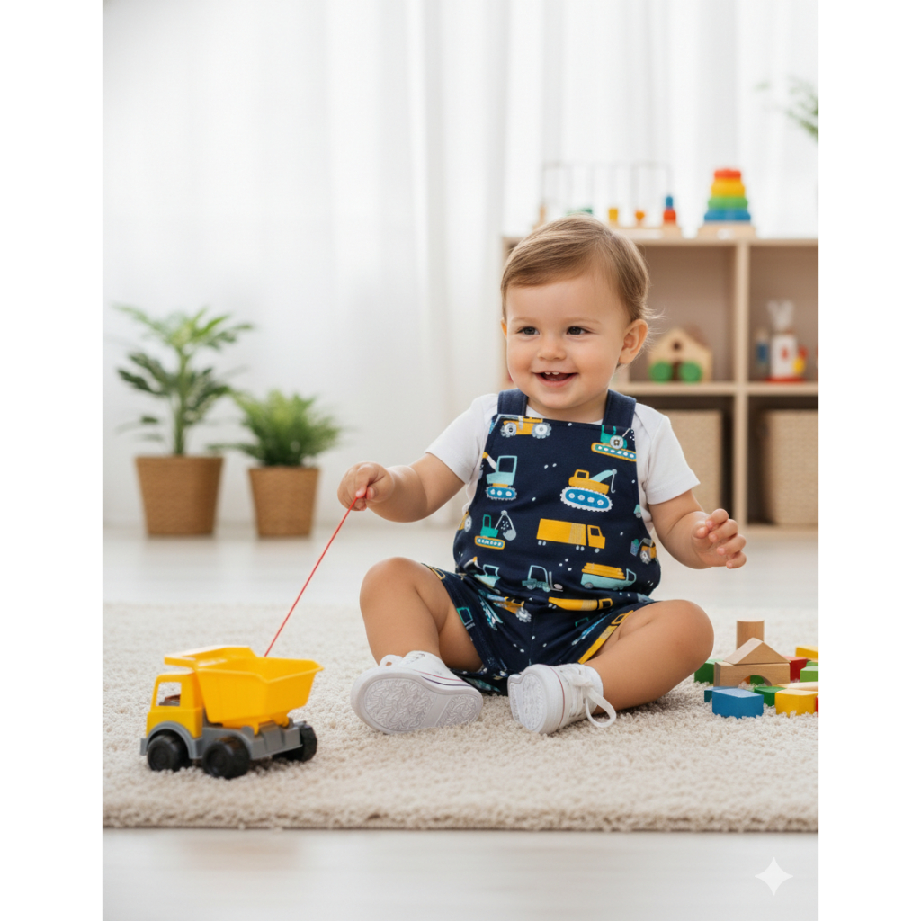 Conjunto Jardineira Bebê Menino Suedine Máquinas