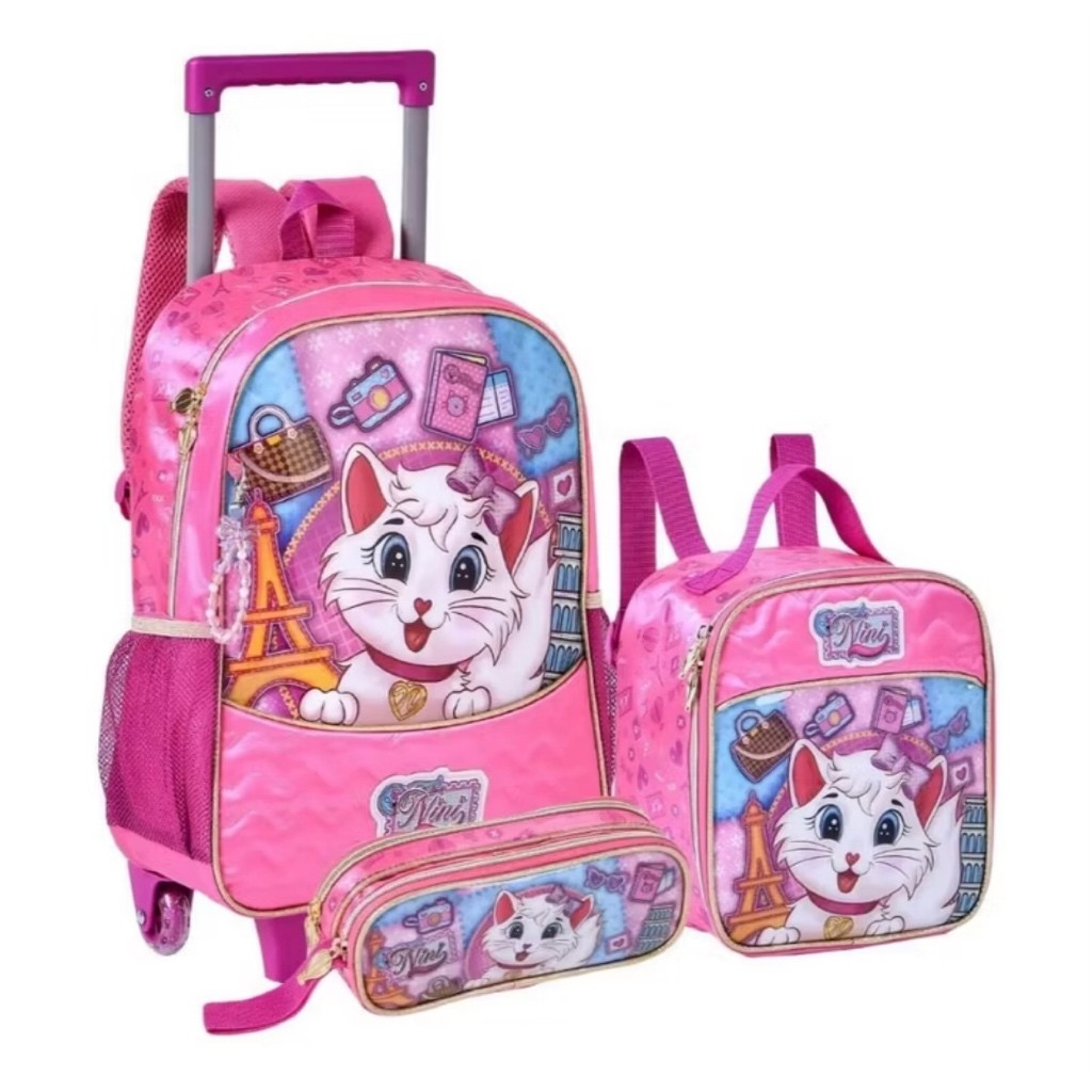 Kit Escolar Mochila Rodinha Gatinha Meninas Estojo