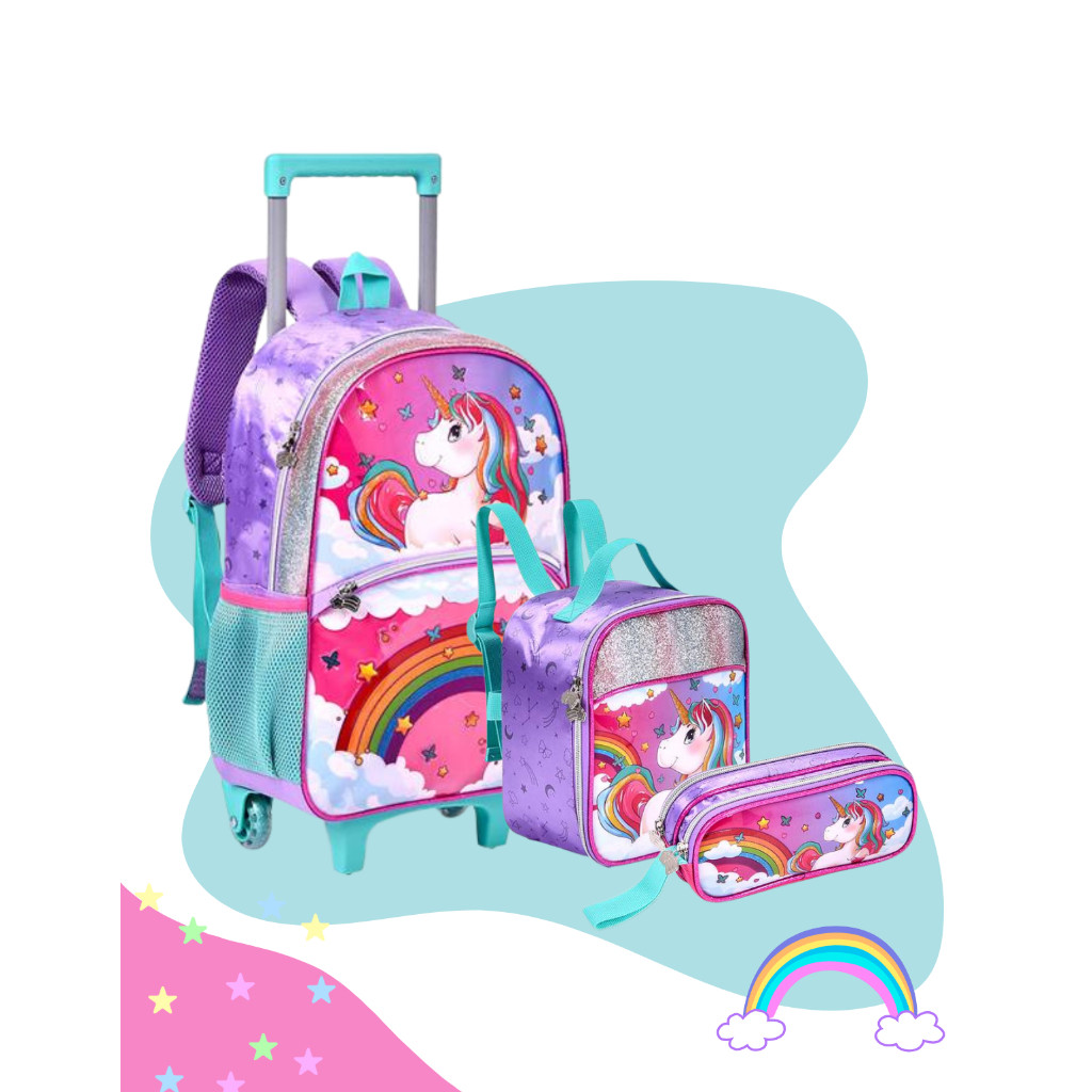 Kit Mochila Escolar Infantil de Rodinhas Menina Bo