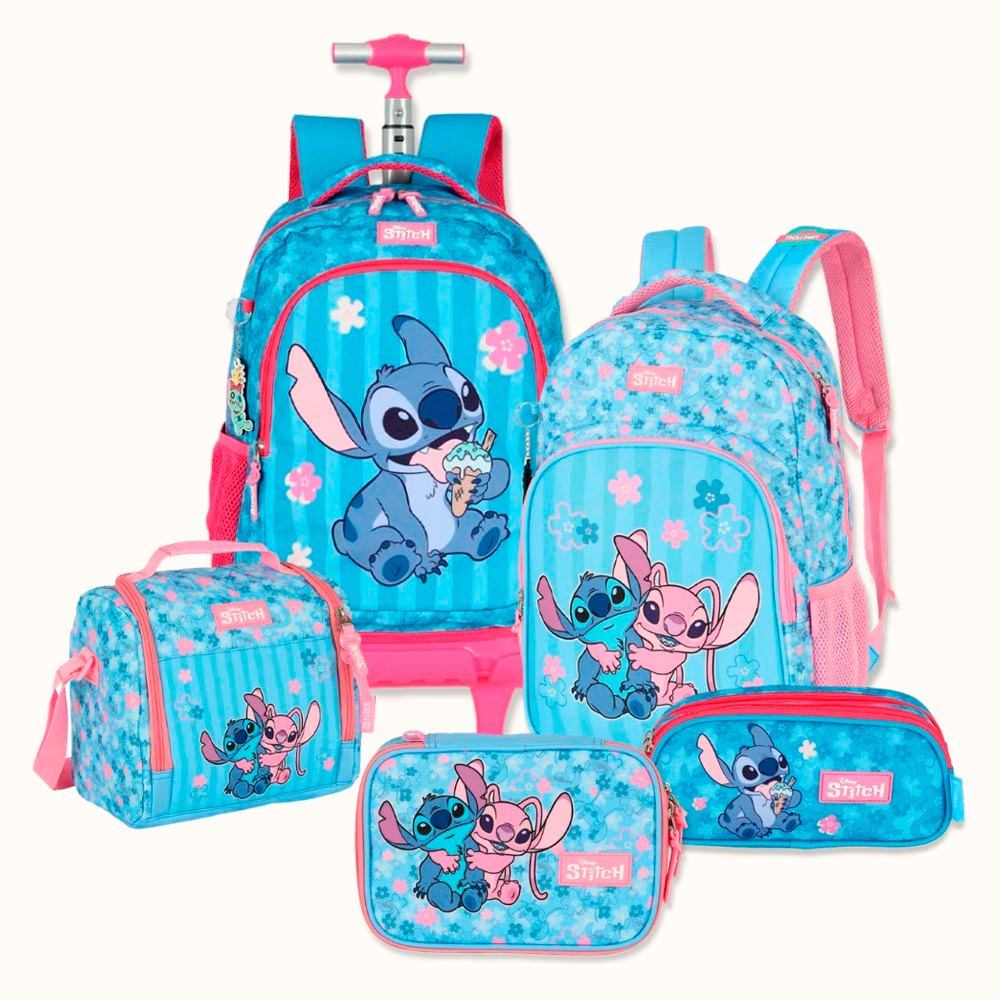 Material Escolar Stitch e Angel Mochila Lancheira 