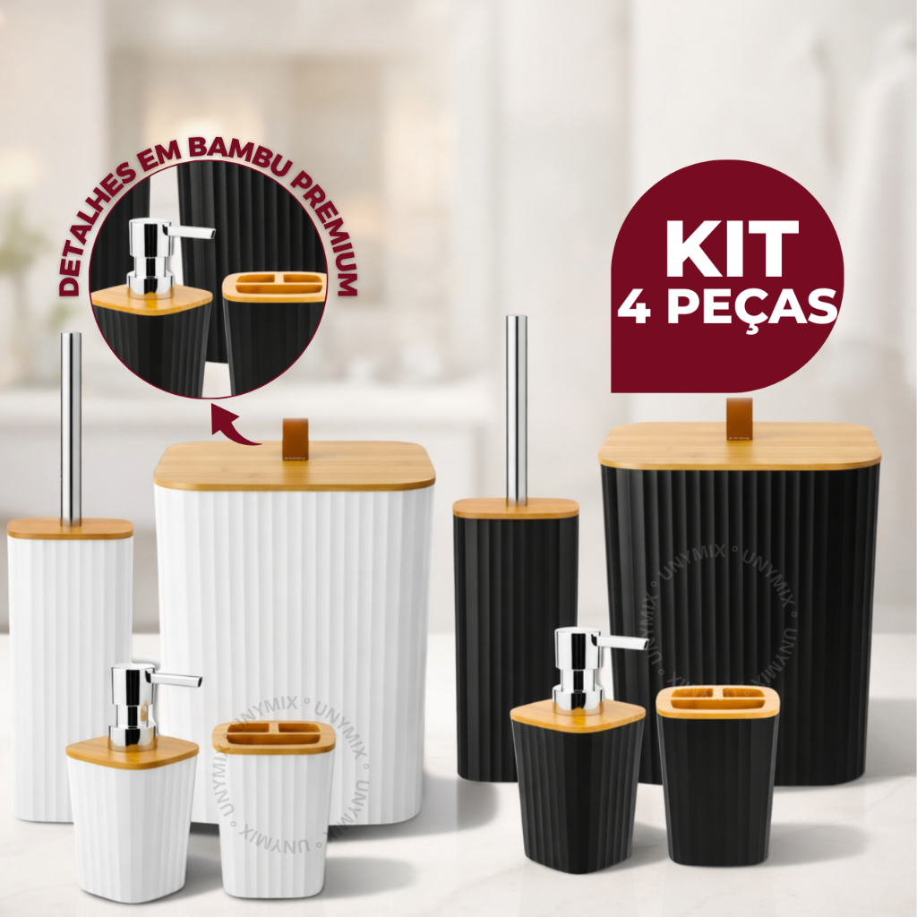 Kit Banheiro Quadrado em Bambu com Lixeira Luxo e 