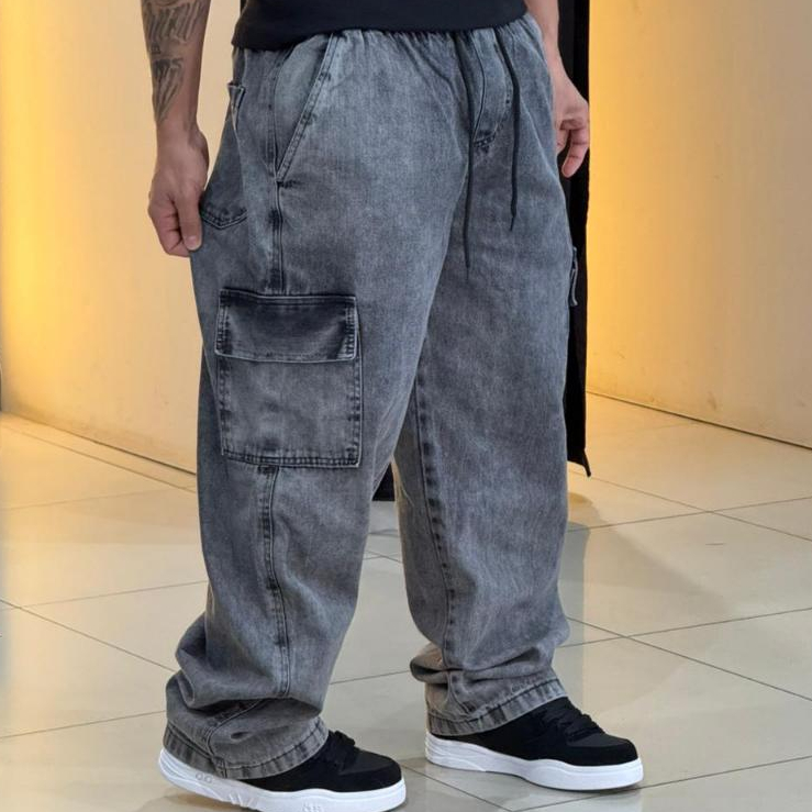 Calça Cargo Jeans masculina feminina 5 bolsos Gra