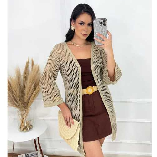 Kimono Tricot Saída de Praia Tricô Crochê Casac