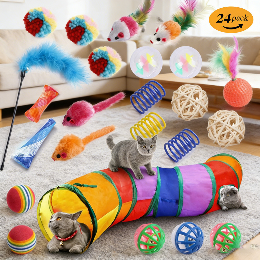 Kit 24 Peças de Brinquedos para Gatos com Túnel