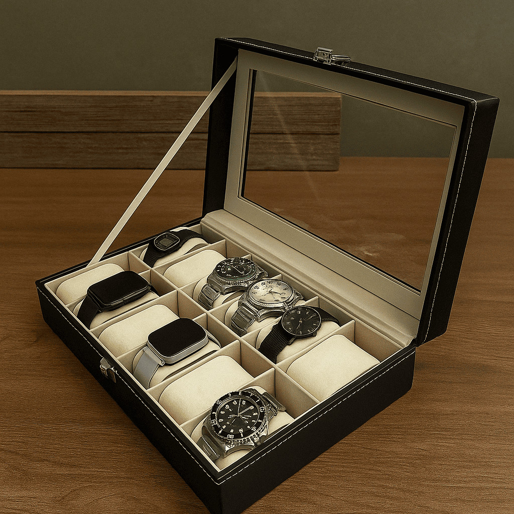 Caixa Maleta Estojo Preto Couro Para Guardar Reló