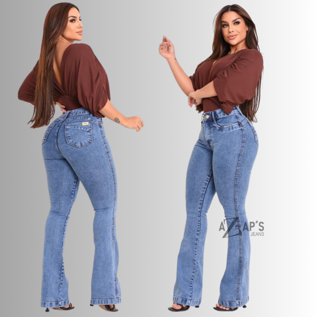 Calca Flare Feminina Jeans Cintura Alta Marmorizad