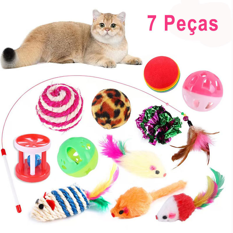 Kit 7 Brinquedos para Gatos Divertidos Ratinho Bol