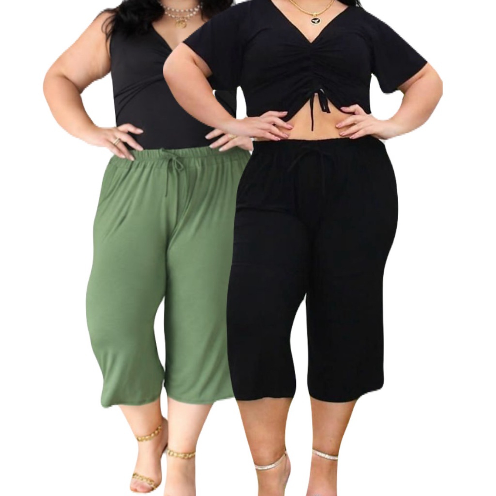 Kit 2 Pantacourt Plus Size Com Bolsos Laterais Ver