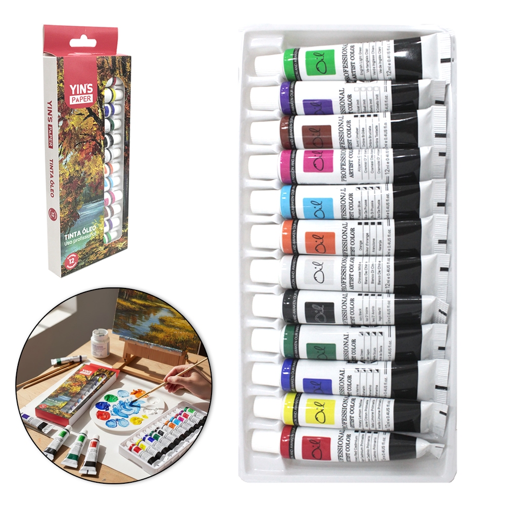 TINTA OLEO USO PROFISSIONAL COM 12 CORES YINS PAPE