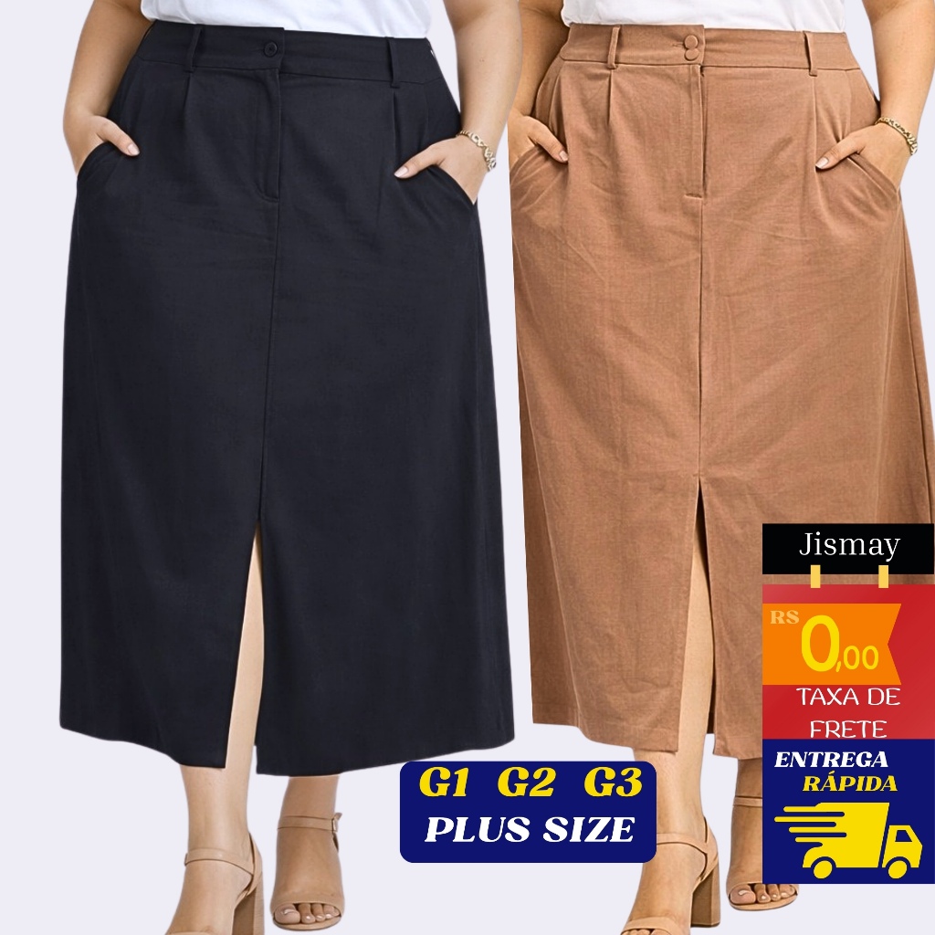 Saia Midi Feminina Plus Size Alfaiataria Marrante 