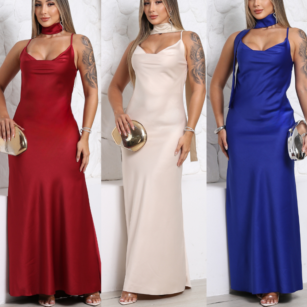 Vestido Feminino Cetim Longo Luxo Elegante chique 