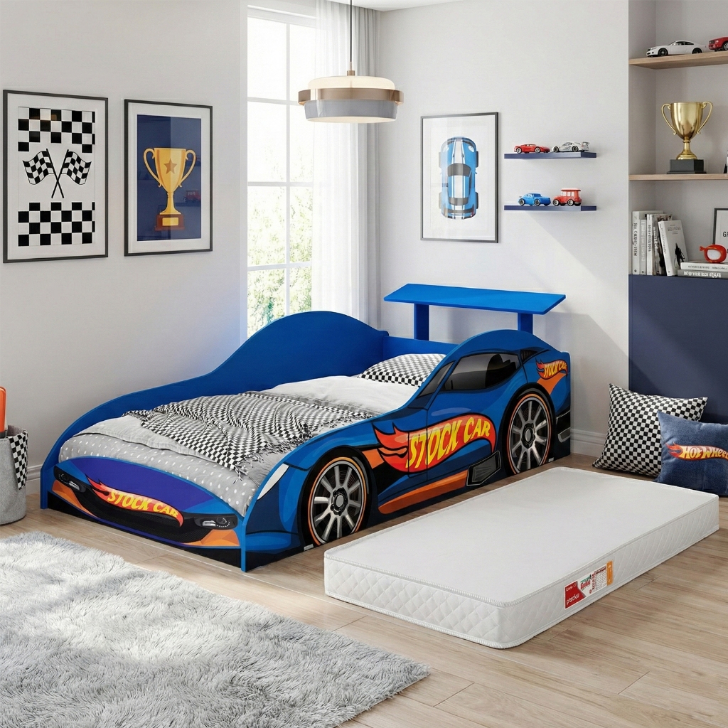 Cama Infantil Carro Stock Car Azul MDF Aerofólio 