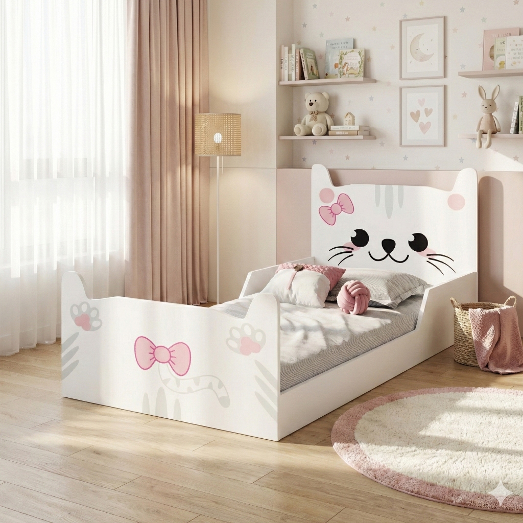 Cama Infantil Gatinho Rosa em MDF Juvenil Decorada