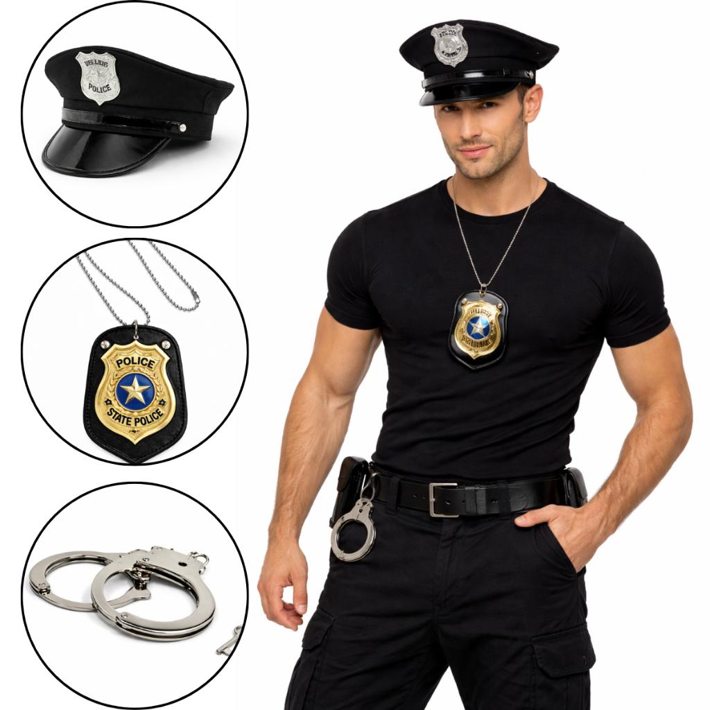 Fantasia Policial Kit 3 pçs Distintivo Chapéu Al