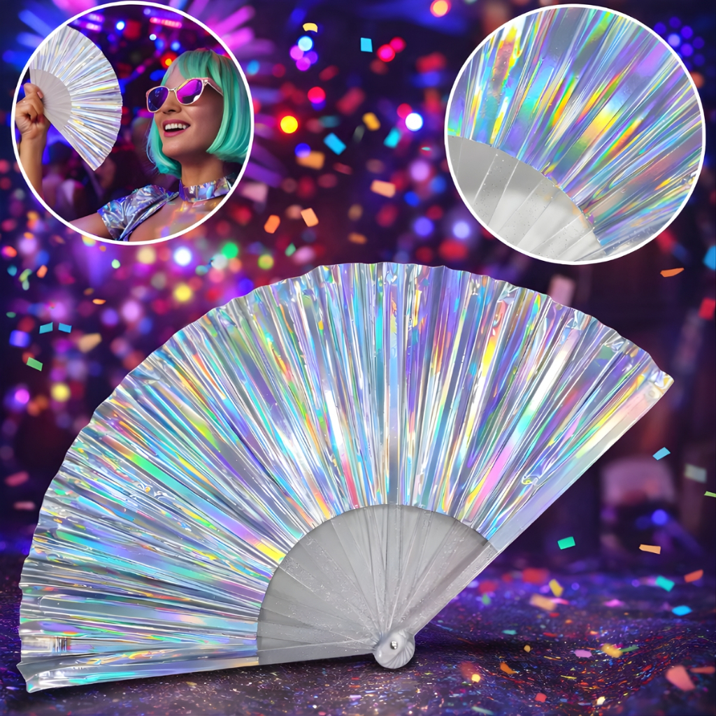 Leque Grande Brilho Holográfico Arco Iris Raves B