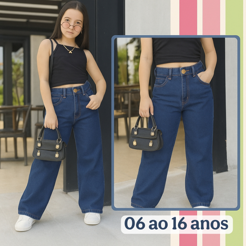 Calça Jeans Infantil Feminina WIDE LEG ESCOLA PAS