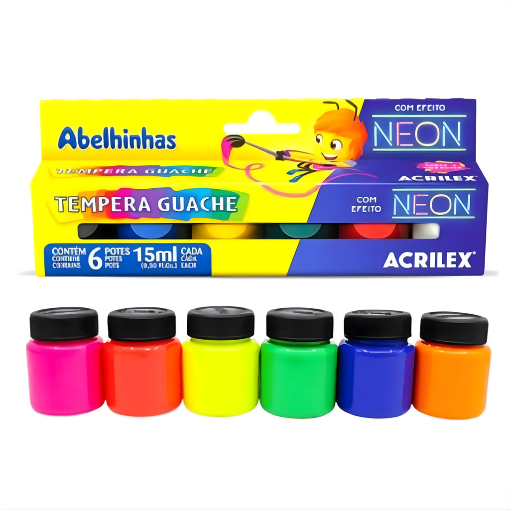 Têmpera Guache Neon Escolar 6 Cores 15ml Cada Pot