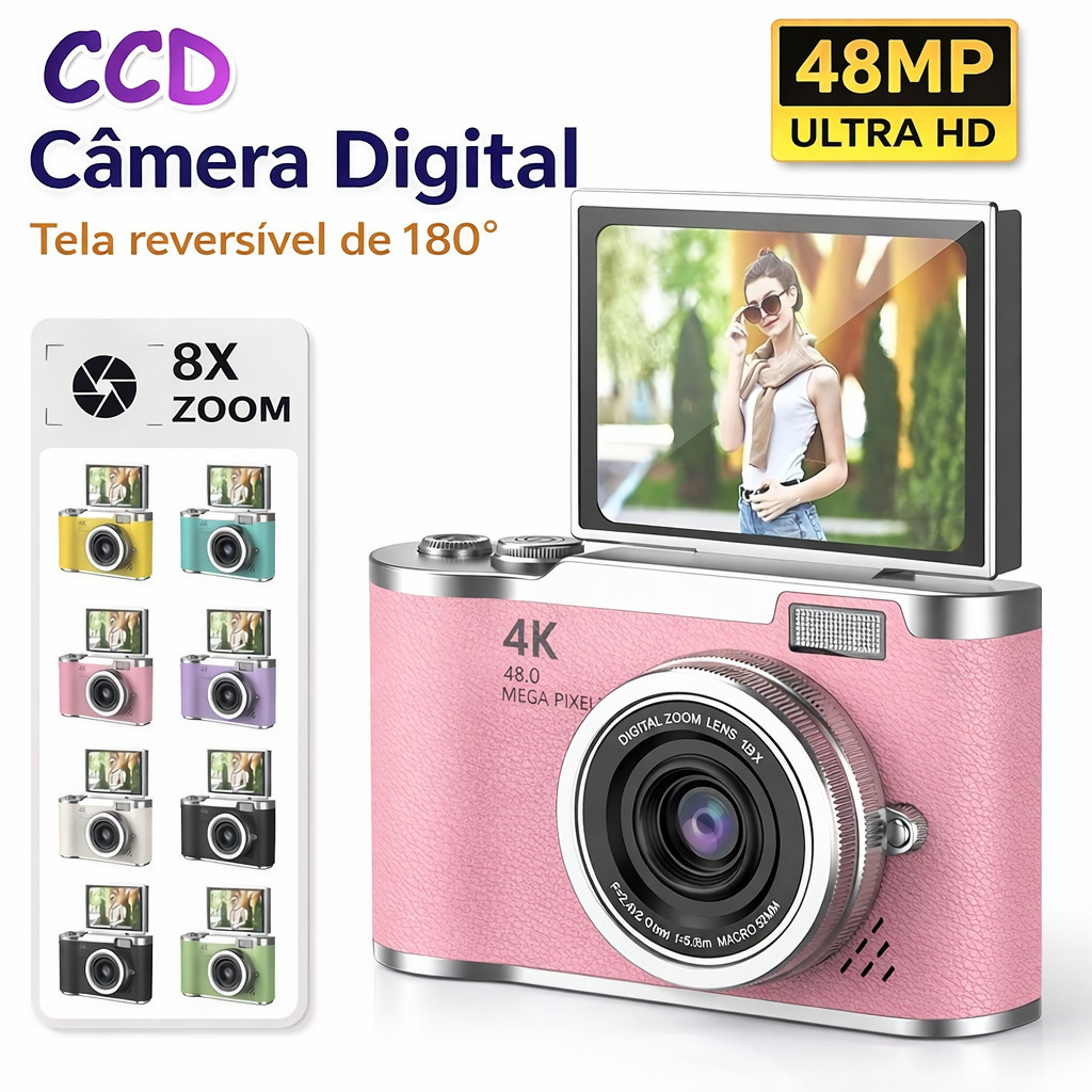 câmera digital com zoom 4k ccd 8x, adequada para 