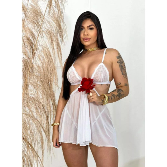 Camisola Sexy com Abertura Tule Com Calcinha De Re