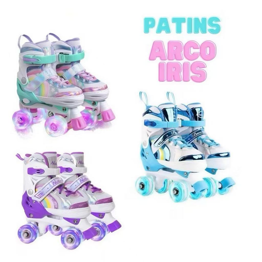 Patins Infantil 4 Rodas Arco ÍRIS  Com Luz De LED