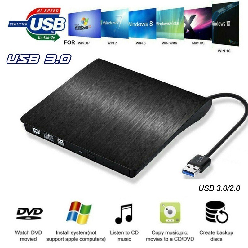 Gravador de CD DVD USB 3.0 externo ultrafino preto