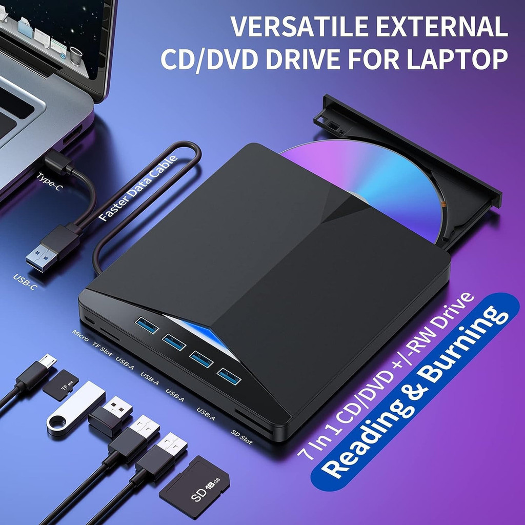 7 Em 1 Gravador Leitor Cd Dvd Externo Usb3.0 Pc No