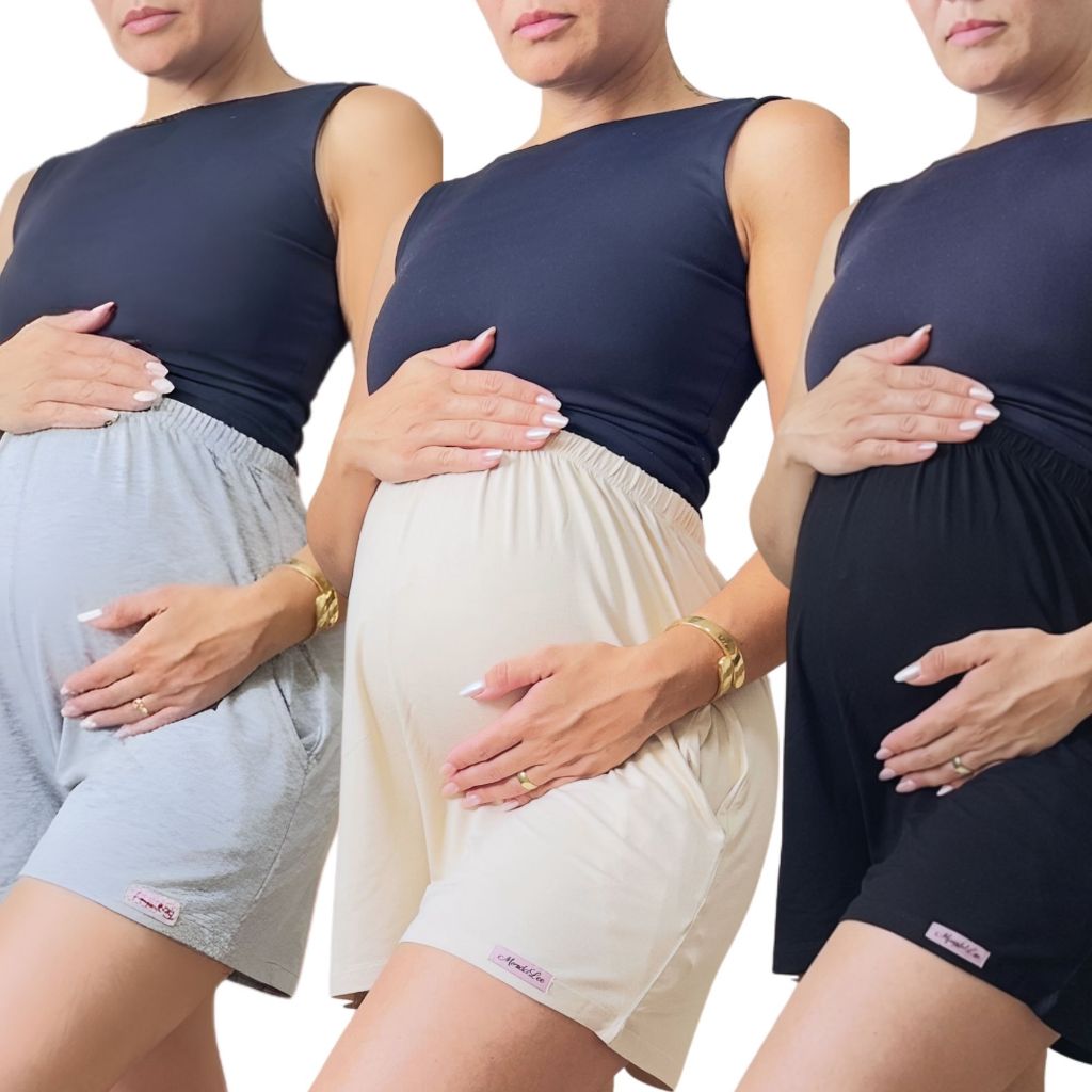 Shorts Gestante Premium Soltinho Verão Preto Bege