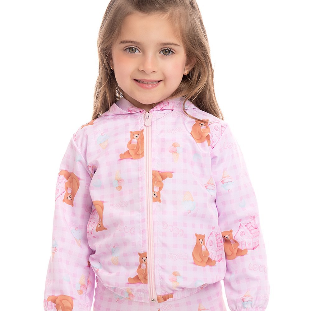 Jaqueta Infantil Corta Capuz Vento Xadrez Rosa Urs