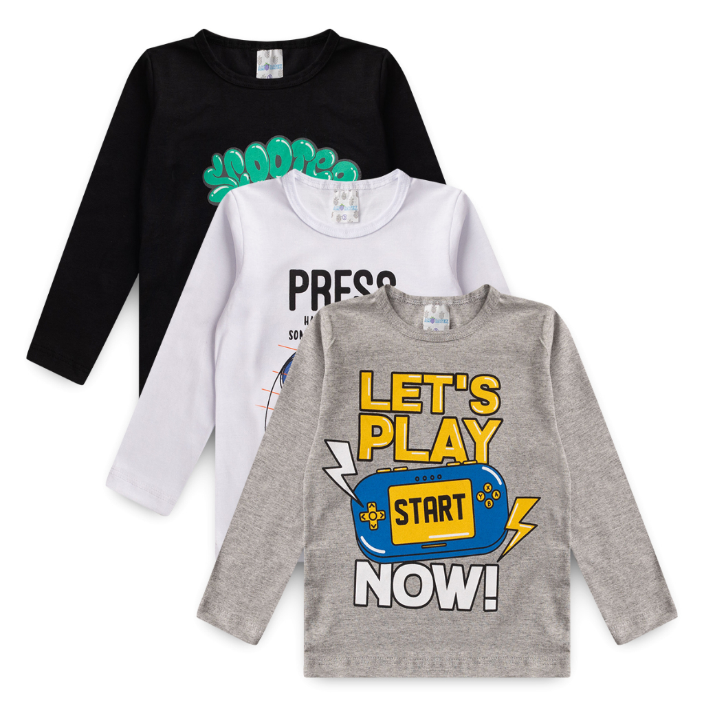 KIT 3 CAMISAS MANGA LONGA MEIA ESTAÇÃO ESTAMPADA