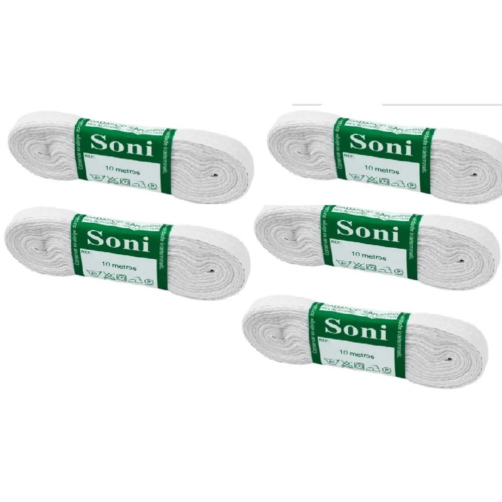 Kit C/5 Cadarço Sarjado Branco Soni 10 Metros Rol
