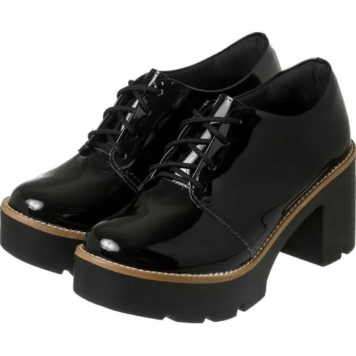 Sapato Oxford Feminino Salto Tratorado Liso Preto 