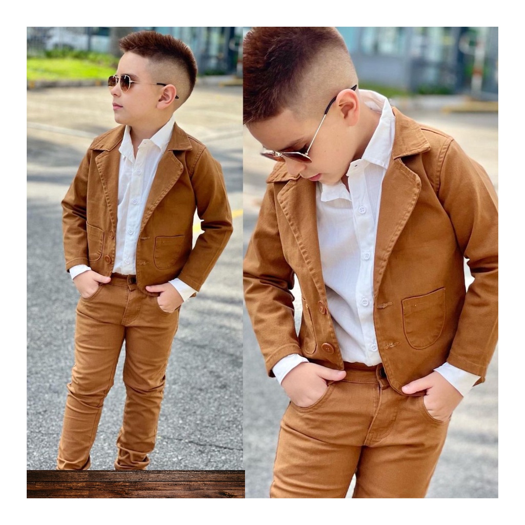 Roupa Menino Infantil Blazer Caramelo Camisa Manga