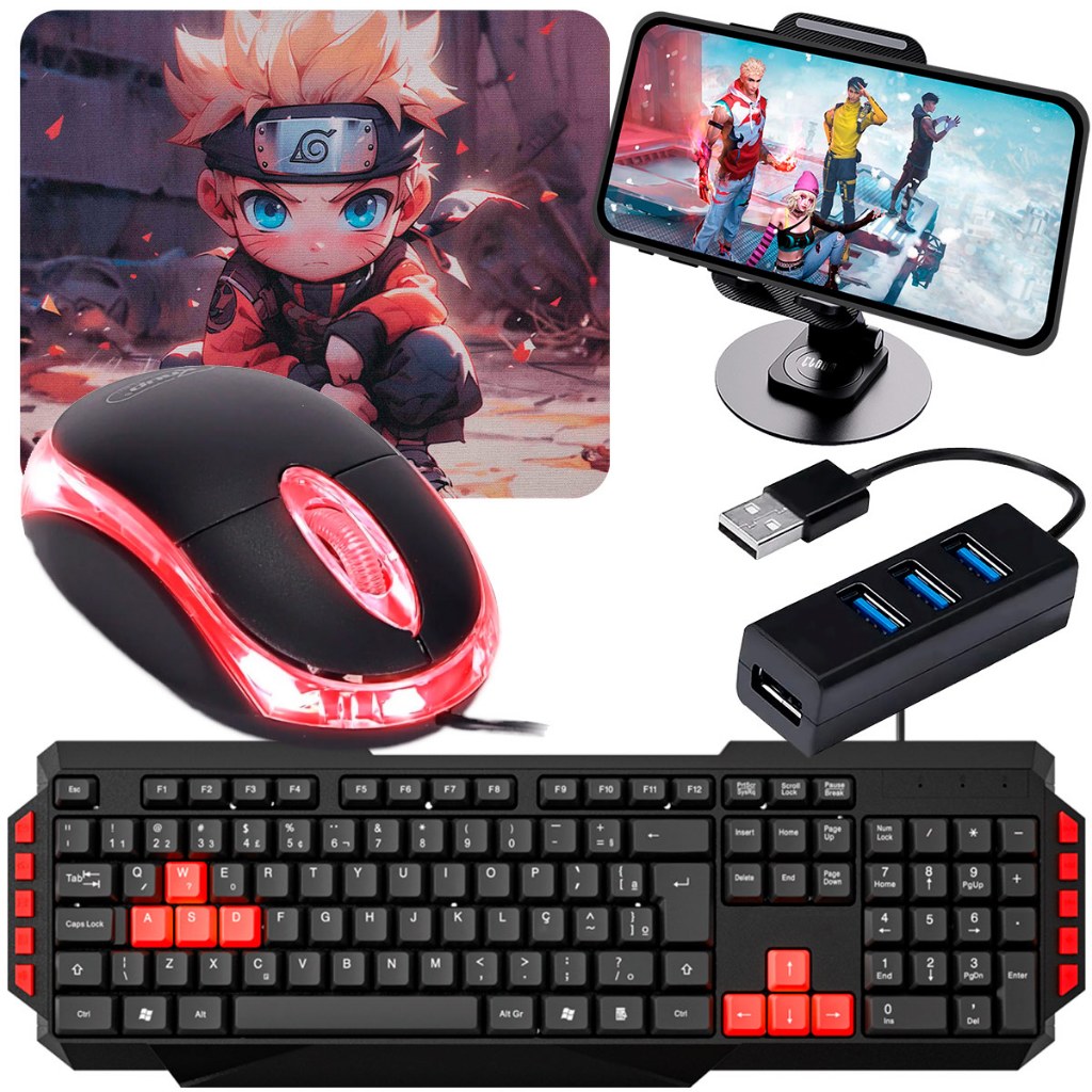 Kit Gamer Celular com Teclado ABNT2, Mouse Óptico