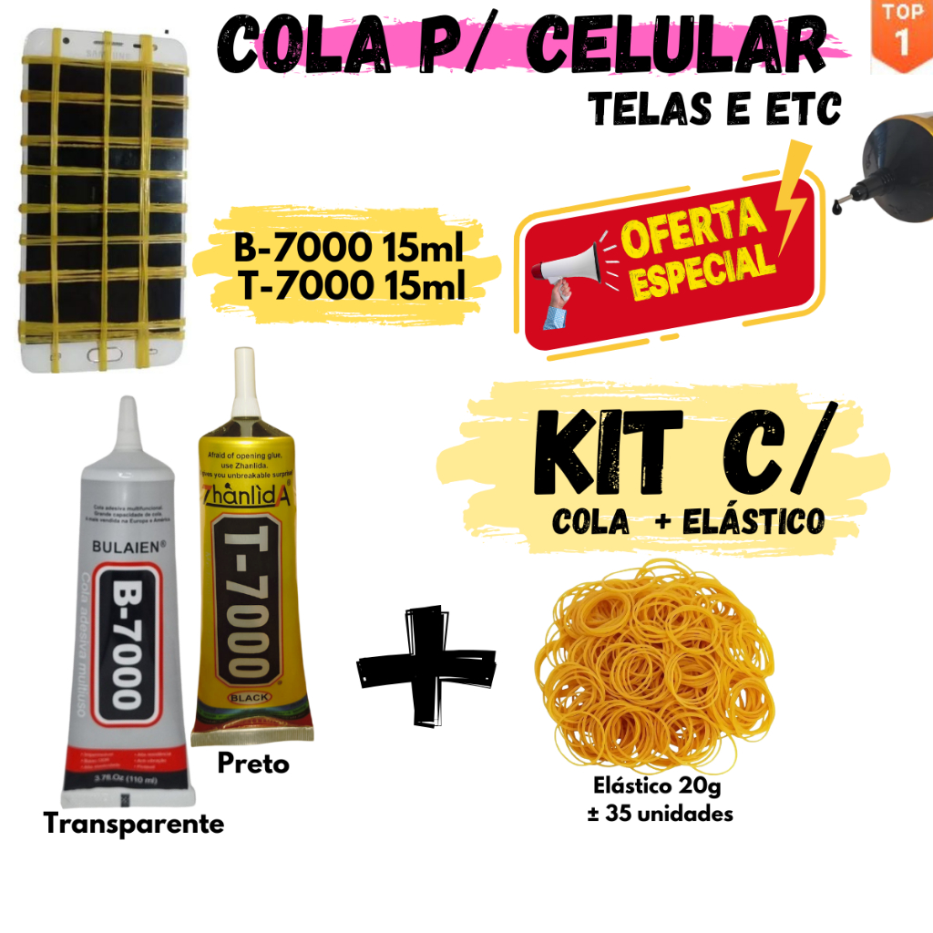 Kit Cola para Tela de Celular 15ml + Elástico 20g
