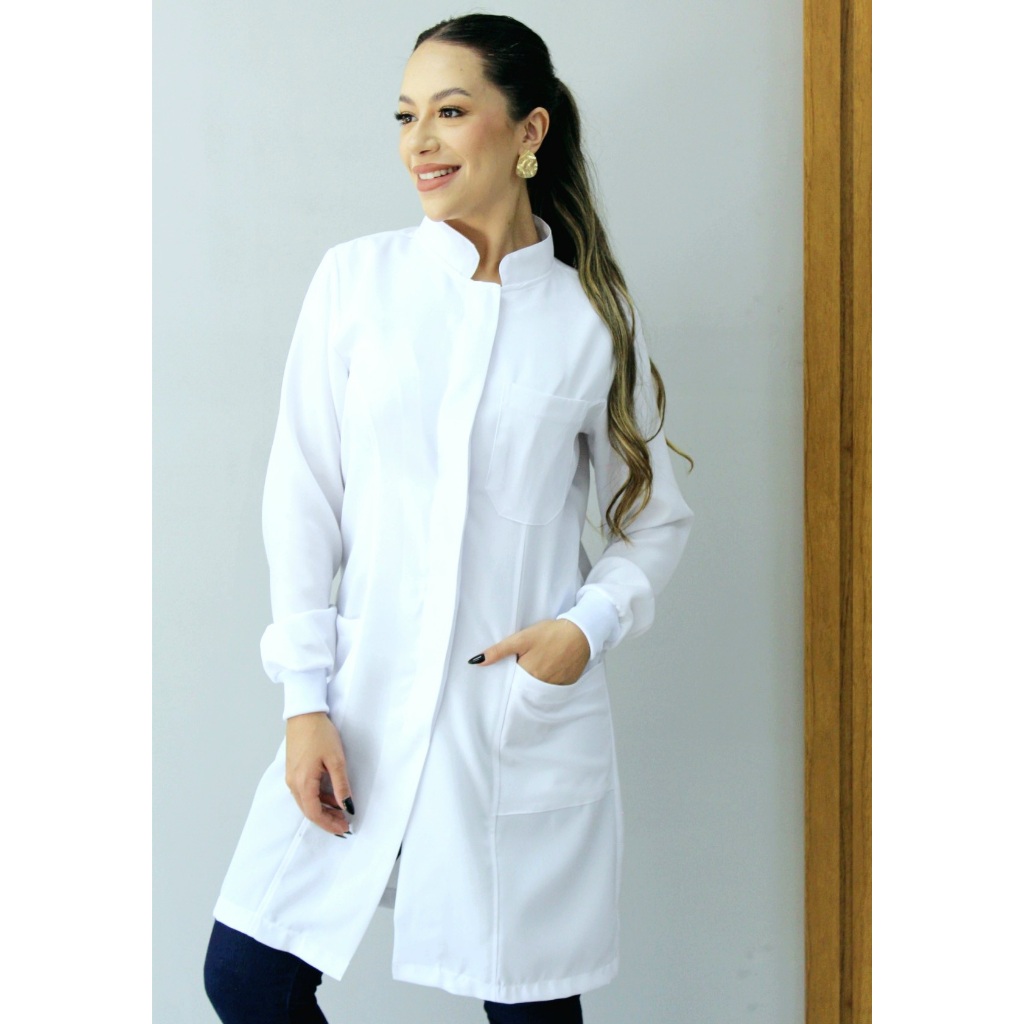 Jaleco Feminino Oxford Branco, Botão Embutido, Go