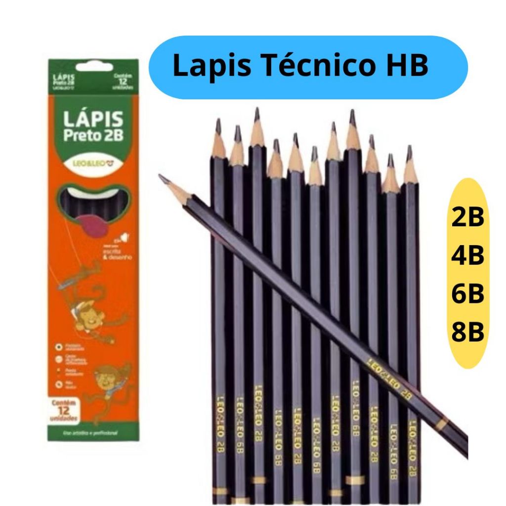 12 Lapis Tecnico HB 2B 4B 6B e 8B de Madeira Sexta