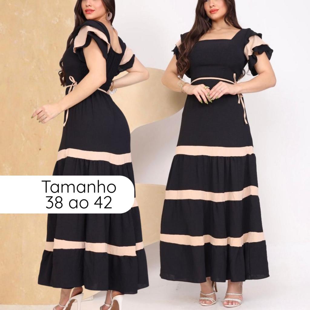 Vestido Longo Feminino Duas Cores Com Manga e Bojo