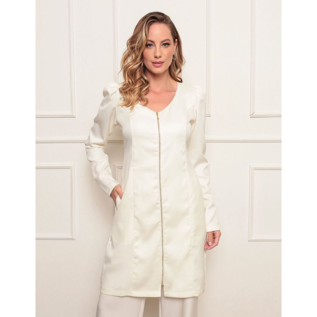 Jaleco Feminino Decote V com ziper manga bufante e