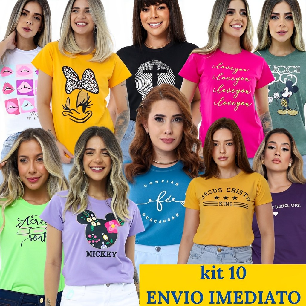 Kit 10 Blusas Tshirt Feminina 100% Algodão Camise