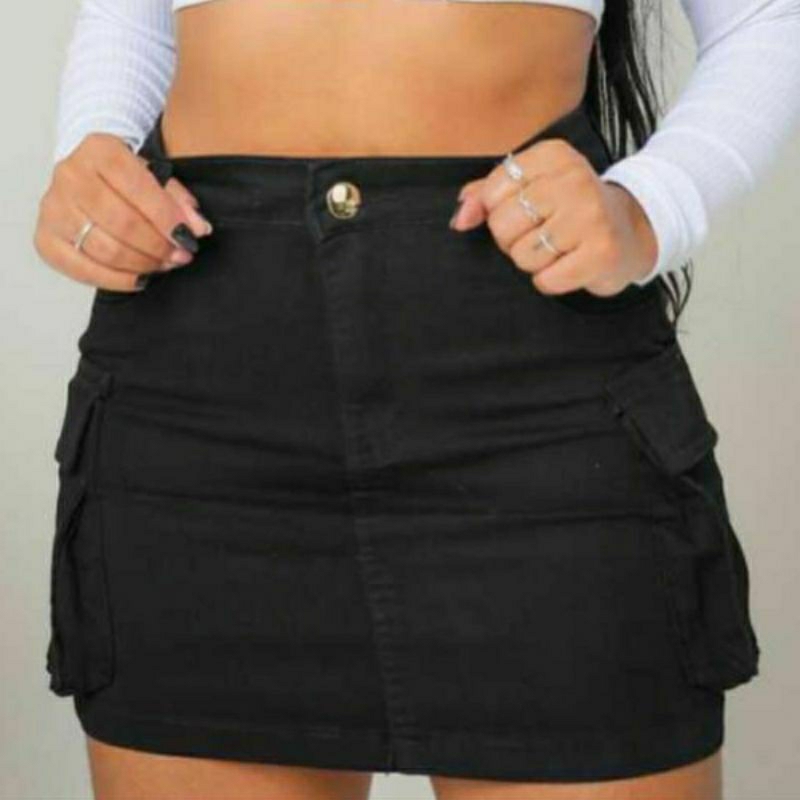 Mini saia cargo jeans preto cintura alta tecnologi