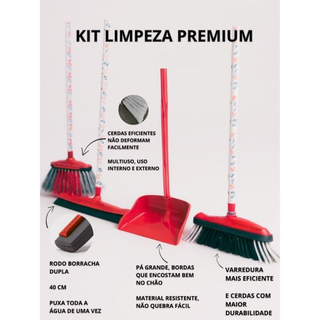 Kit Vassoura com Cabo, Rodo Duplo Grande com Cabo,